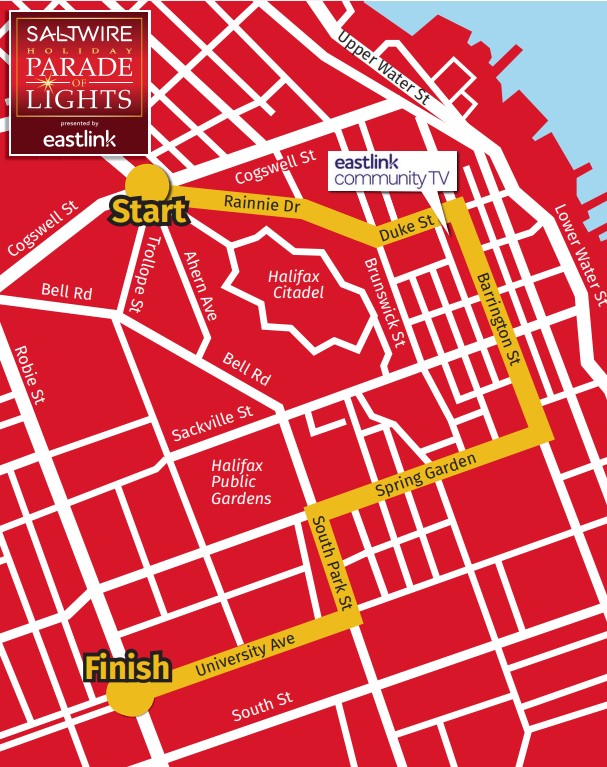 Map showing the parade starts at the corner of Rainnie Drive and Cogswell Street, continuing along Rainnie Drive, then Duke Street, then Barrington Street, then Spring Garden Road, the South Park Street, then University Avenue, ending at the corner of Robie Street.