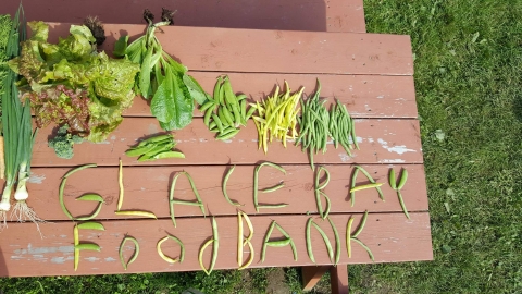 vegetables on a table spell out the words Glace Bay Food Bank