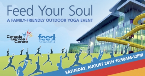 graphic of people doing yoga on the lawn of the Canada Games Centre