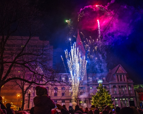 Fireworks with tree in front of city hall Fireworks with tree in front of city hall