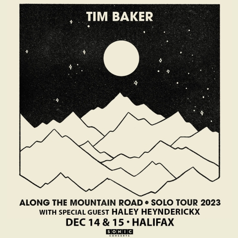 A cream and black hand drawn graphic of a mountain range at night. A full moon is in the sky and the name Tim Baker above it.