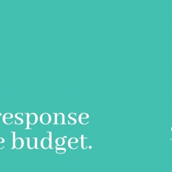 The words our response to the budget appeal on a light green background with Feed Nova Scotia logo