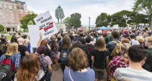 group of people protesting in Cornwallis Park 