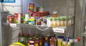 bottled and canned food on a shelf